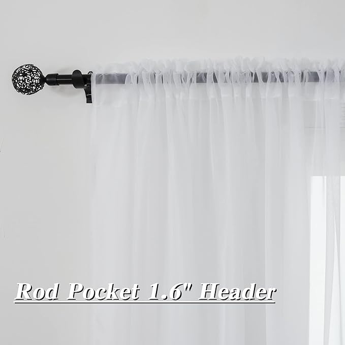 White Sheer Curtains 54 inches Long for Bedroom Top Rod Pocket Sheer Window Panels Curtains for Nursery Living Room 52 by 54 Inch Length Set of 2