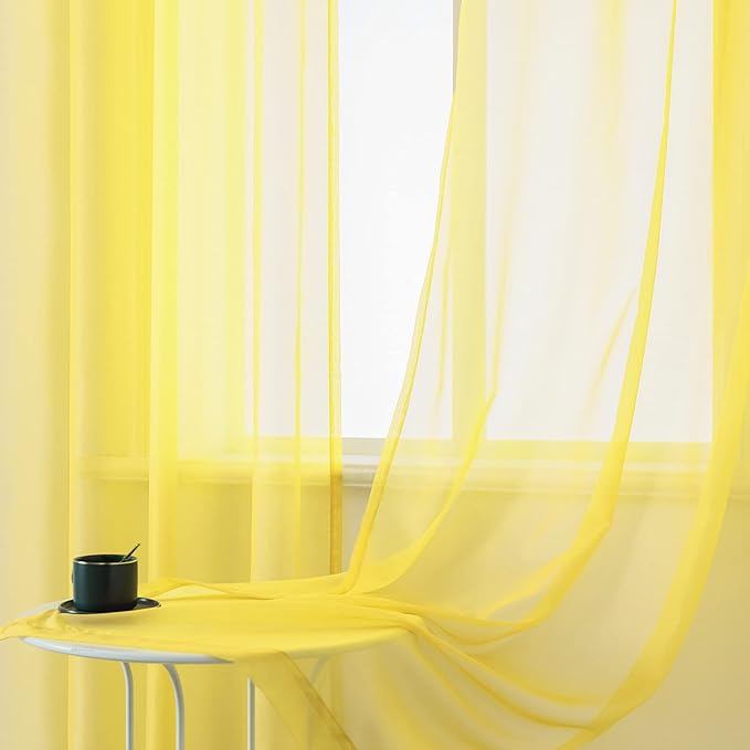 DUALIFE Yellow Sheer Curtains 63 Inch Length for Bedroom 2 Panels Grommet Solid Color Look Semi Sheer Sunmmer Curtains for Living Room Dining Bathroom Basement Kitchen 52x63 Inches Long