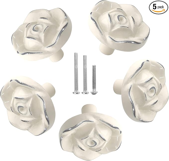Uenhoy 5 Pcs Vintage Rose Drawer Knobs - Antique Rose Flower Cabinet Knobs for Dresser Vanity Nightstand Closet with Screws (Ivory White with Silver Edge)