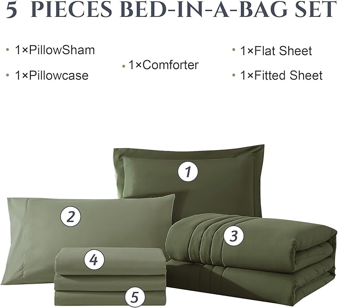 Monbix Twin XL Size Comforter Set - Extra Long 5 Pieces Dorm Bedding Sets, Quilting Design Fluffy Bed in a Bag Twin XL with Sheets, Pillowcase & Sham(Olive Green)