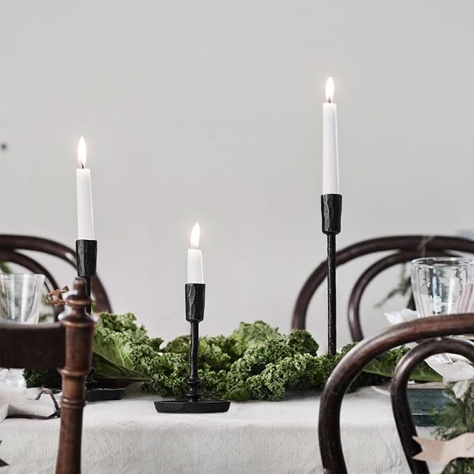 Rustic Cast Iron Taper Candle Holder - Set of 3 Vintage Candle Stands, Candlestick Holders for Wedding, Dining, Party Décor (Black)