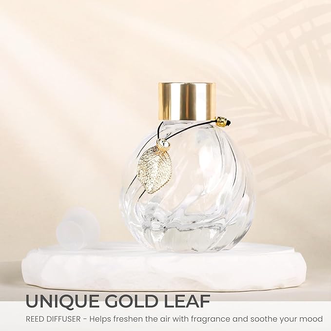 4-Piece Reed Diffuser Set with Metal Golden Decoration, 3.5-4.2oz Empty Bottles and 20 Reed Sticks, Unique Design for Home and Office (4 Different Bottles)