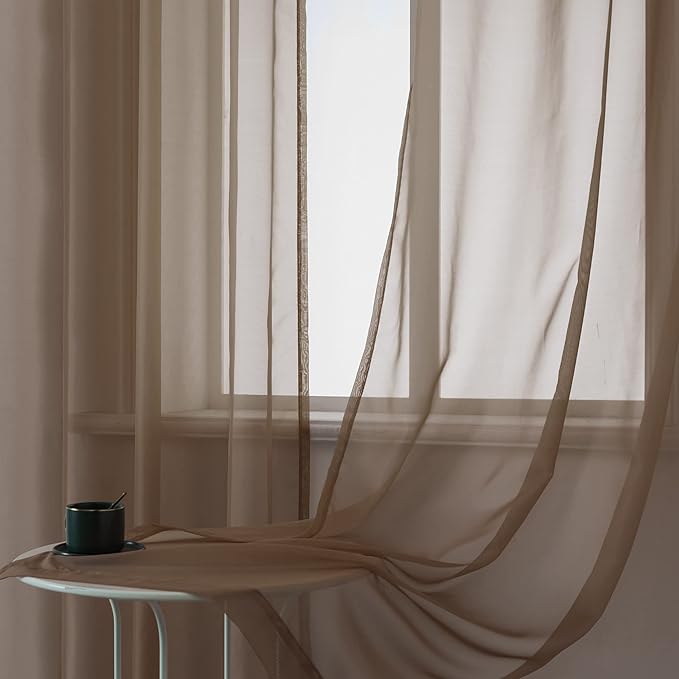 DUALIFE 2 Piece Semi Chocoalate Brown Sheer Curtains 63 inches Long Voile Panels Light Filtering Drapes Grommet Curtain Sheers for Living Room Transparent Bedroom 52x63 Inch Dark Brown