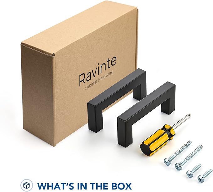 Ravinte 25 Pack Black Cabinet Pulls 3 Inch Square Kitchen Cabinet Handles Matte Black Kitchen Hardware for Drawer Pulls Drawer Handles Come with Screwdriver