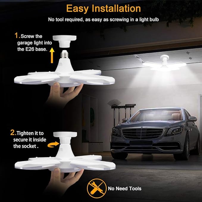 (2 Pack) LED Garage Lights, 60W Trilights Ceiling, High Low Bay Deformable Adjustable 4 Led Light Bulbs 6000LM 6000K, Screw in Tribright Garage Lighting Fixture,CRI80 Daylight