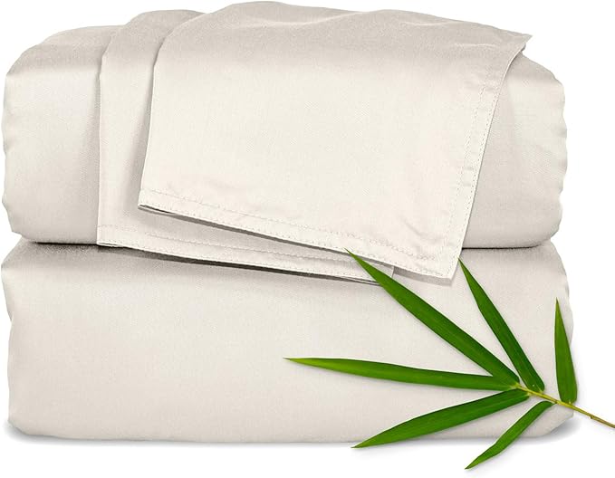 Pure Bamboo Queen Sheets, Genuine 100% Organic Viscose Derived from Bamboo Bed Sheet Set, Luxuriously Soft & Cooling, Double Stitching, Lifetime Quality Promise (Queen, Creme)