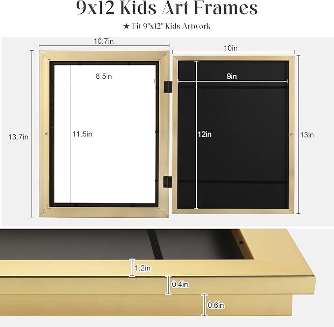 [3Pack] Kids Art Frames, 9x12 Front Opening Kids Artwork Frames Changeable, Gold Artwork Display Storage Frame for Wall, Holds 50 Pcs, for 3D Picture, Crafts, Children Drawing, Hanging Art, Portfolio