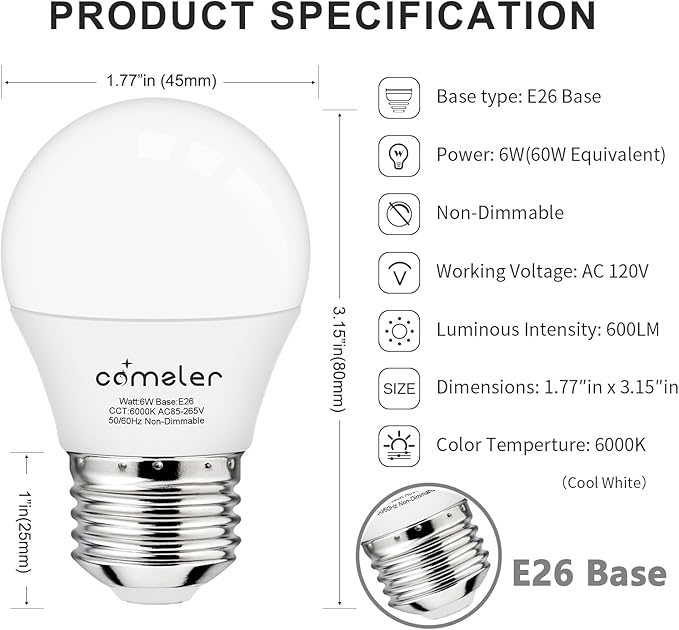 comzler E26 Base 8 Pack Light Bulbs, 6000K Cool Bright Daylight A15 Light Bulbs, 60 Watt Equivalent120V Energy Saving Refrigerator Small Bulbs, Appliance Eye Protection Light Bulb for Ceiling Fan