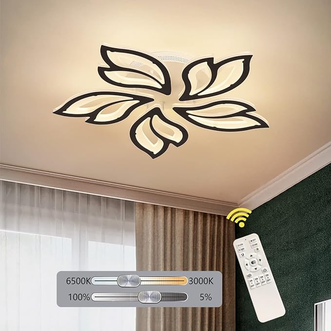 Garwarm LED Ceiling Light Fixture, 60W Modern Leaves Ceiling Lamp Dimmable Black Flush Mount Ceiling Chandelier for Living Room Study Room Dining Room Bedroom