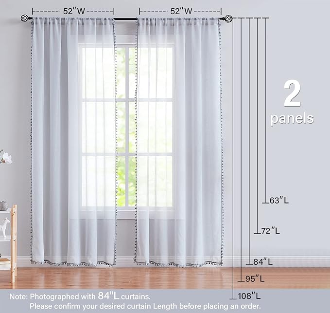 Treatmentex Grey Sheer Window Curtains for Living Room 95 inches Pom-Pom Canopy for Children Bedroom Rod Pocket 2Pack