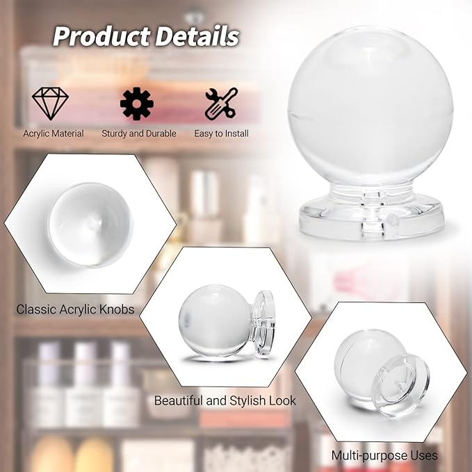 MroMax 12 Pcs Tiny Pull Handle Round Acrylic Mini Knob 16mm Diameter Clear Shiny Knob Cute Decoration for Jewelry Box, Gift Case and Makeup Box