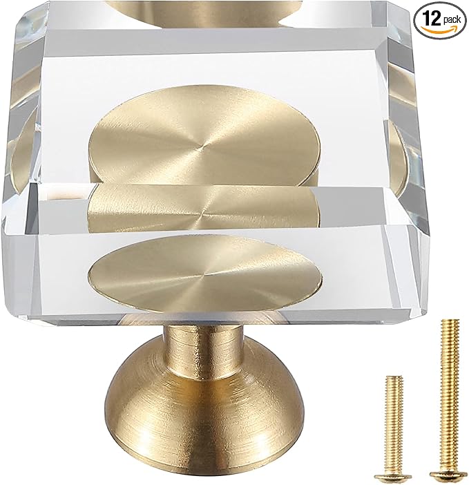 12-Pack 1-1/4-Inch White Cabinet Glass Crystal knobs Brass Drawer Round Knobs Dresser Pulls, Gold Hardware Kitchen Closet knobs for Bifold Doors (Square-1.2inch, 12-Pack)