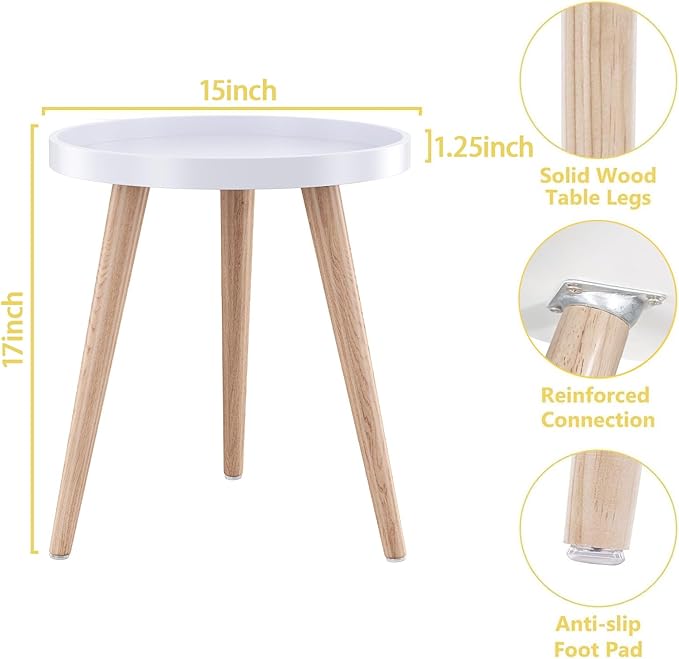Apicizon Round Side Table, White Tray Nightstand Coffee End Table for Living Room, Bedroom, Small Spaces, Easy Assembly Bedside Table, 15 x 18 Inches