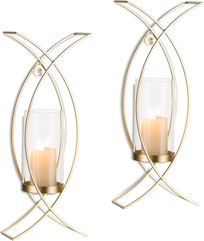 Sconces Wall Decor Set of 2 Hurricane Candle Holder - Modern Decorative Candle Wall Sconce Golden Metal Wall Mount Gold Decorations for Living Room Bedroom Bathroom Hallway Outdoor
