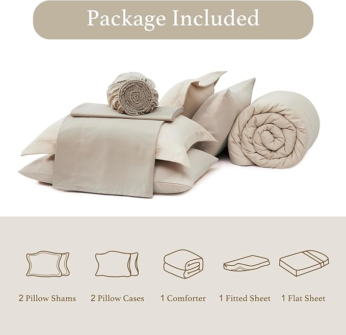 Monbix Oversized Queen Comforter Set - 7 Pieces Apricot Beige Bed in a Bag Queen Bedding Sets with Comforters, All Seasons Down Alternative Comforter Bed Set with Sheets,Pillowcases & Shams