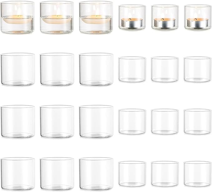 Romadedi Votive Tealight Candle Holders - 24 pcs Clear Glass Tea Light Holders Bulk Small Table Centerpieces Wedding Decor Party Dinner Home Decorations Festivals Christmas