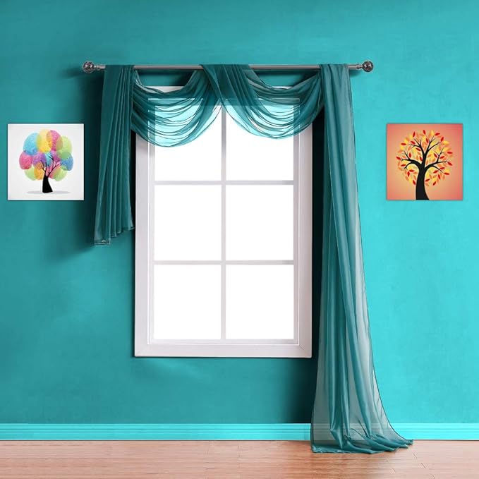 Warm Home Designs 30 Feet Long Sheer Green Teal Window Scarf. These XXL Length Valance Window Scarves 54 X 360 Inches in Size. Great as Bed Canopy or Wedding Arch Draping Fabric. AM Teal 360"