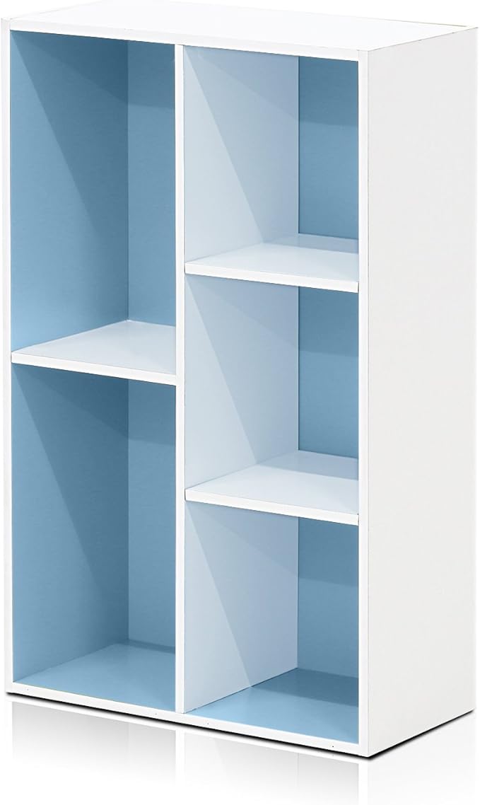 Furinno LUDER Book Shelf, 5-Cube Bookshelf, Reversible Bookcase, 9.4" x 19.5" x 31.5", for Living Room, Bedroom, Home Office, White/Light Blue