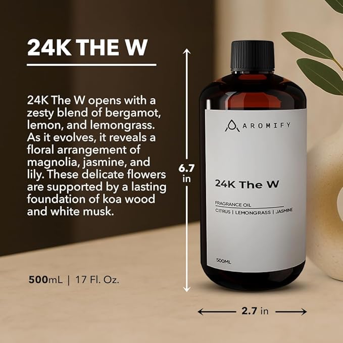 24K The W Diffuser Oil, 16.9 FL Oz 500 mL, Luxury Hotel Scent for Home, Bathroom, Spa & Office, Natural Essential Oil, Citrus & Lemongrass.