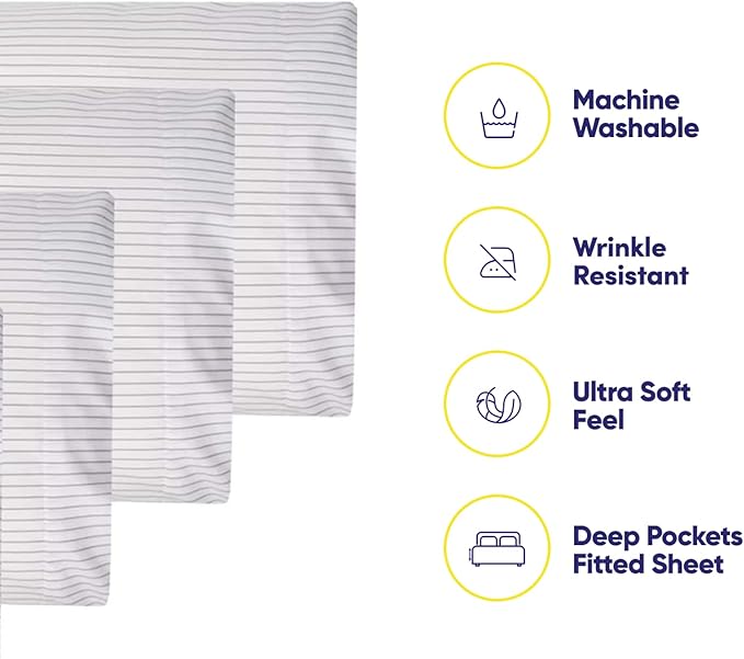 Cal King Size Bed Sheets - 6 Piece 1500 Supreme Collection Fine Brushed Microfiber Deep Pocket California King Sheet Set Bedding - 2 Extra Pillow Cases, Great Value, California King, Pinstripe White