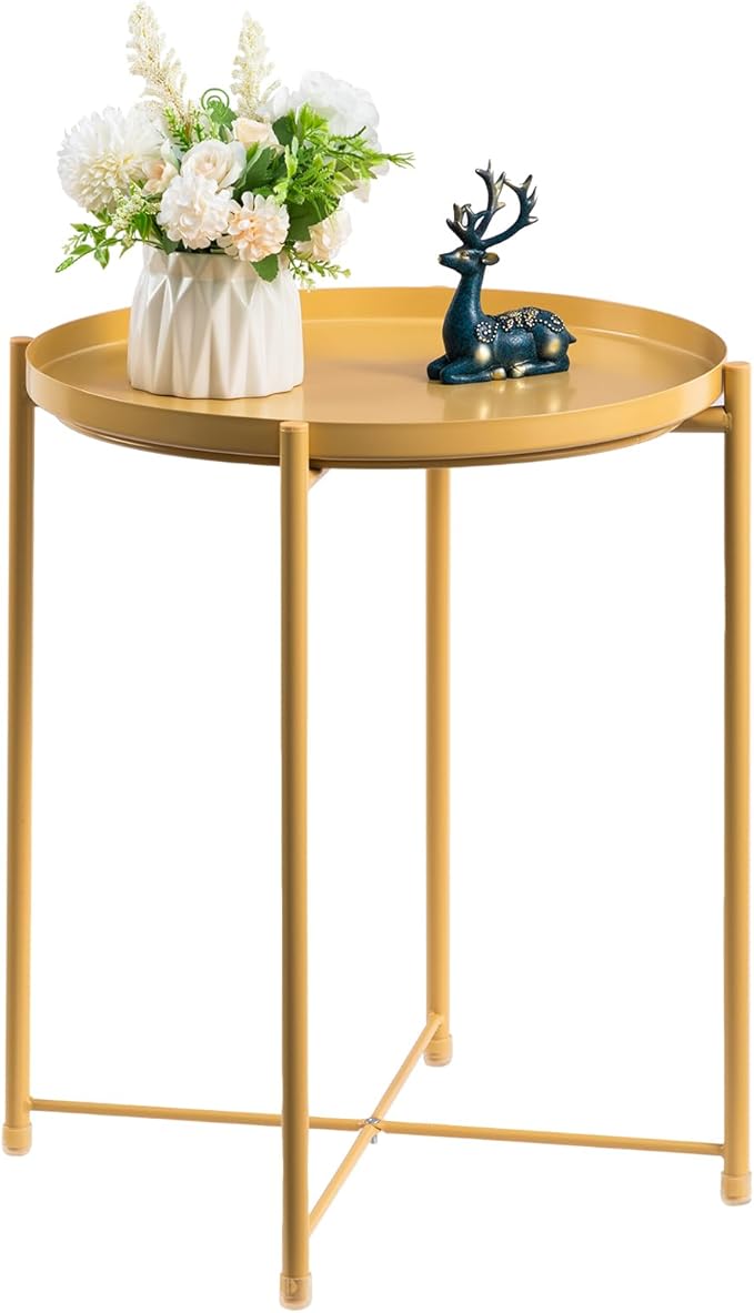 HollyHOME Round Metal Side Table, Outdoor Small Folding Accent Stand with Removable Tray, 17.72'' Portable End Table for Balconies, Gardens, Living Rooms and Bedrooms, Yellow