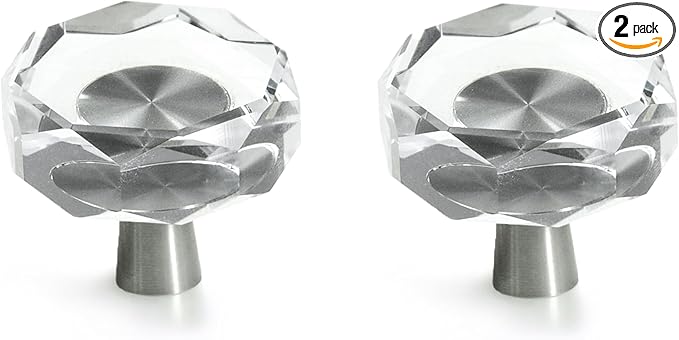 JEREVER 2 Pack Glass Crystal Knobs Brushed Nickel Drawer Pull Cabinet Handle for Dresser Kitchen (Polygon)