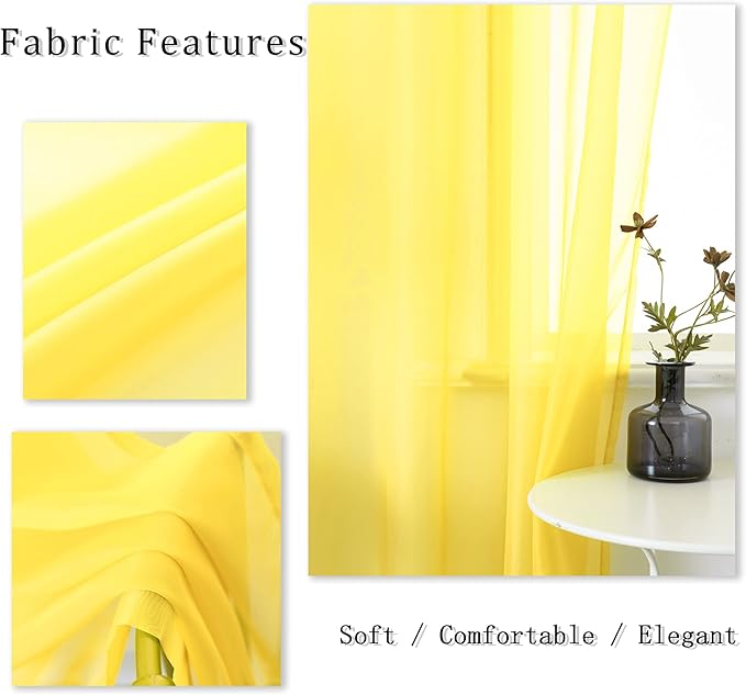 DUALIFE Bright Yellow Sheer Curtains 45 Inch Length for Kitchen 2 Panels Grommet Semi Sheer Short Curtains for Bathroom Small Windows Basement Vibrant Lemon Yellow Wide 52 by L45 Inches Long