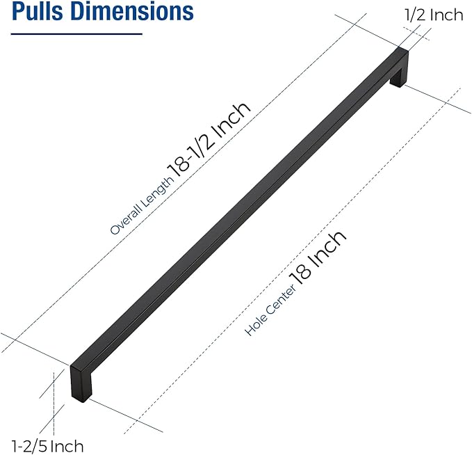 JOY DECOR 6 Pack Cabinet Handles, Black Cabinet Pulls, 18 Inch Kitchen Closet Handles Square Drawer Pulls Stainless Steel Drawer Hardware, 458mm Hole Centers