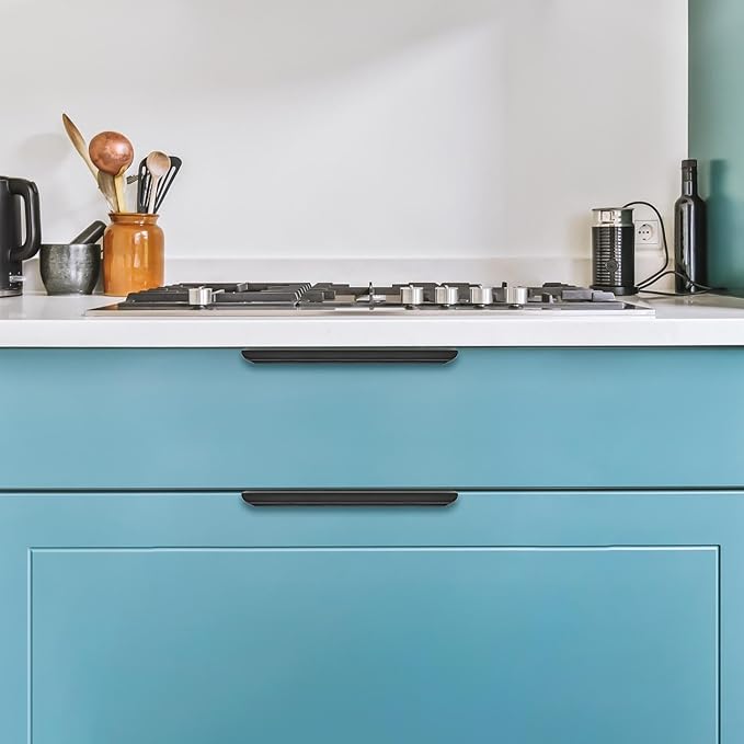 Ravinte Hardware 6 Pack Black Cabinet Handles, 7.8 Inch (200mm) Finger Edge Pulls, 6-1/4 Inch Hole Center, Finger Pulls for Cabinets
