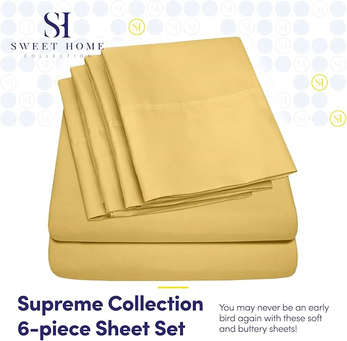 Queen Sheets Yellow - 6 Piece 1500 Supreme Collection Fine Brushed Microfiber Deep Pocket Queen Sheet Set Bedding - 2 Extra Pillow Cases, Great Value, Queen, Yellow