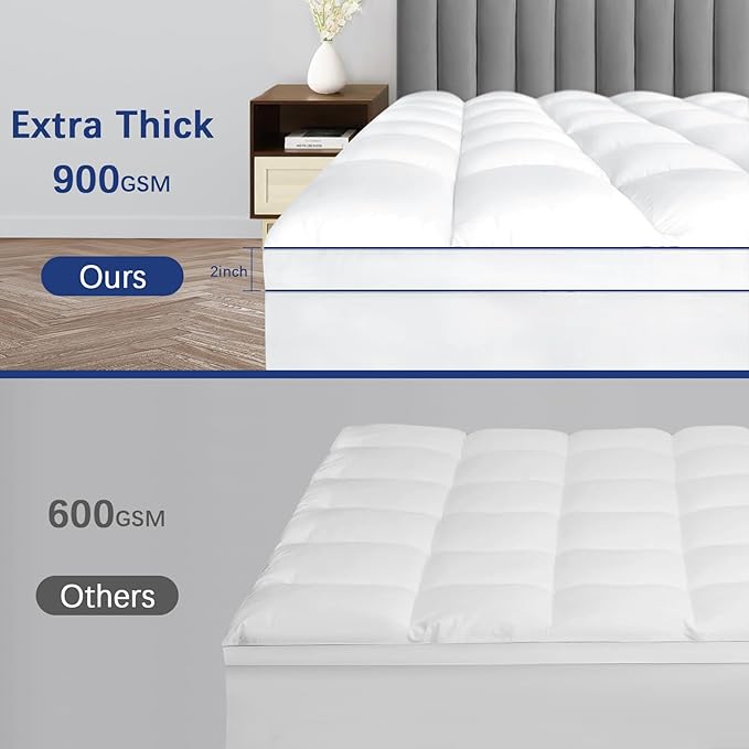 CYMULA Short Queen Mattress Topper, Cooling Bed Topper for Mattress, Thick Mattress Pad Cover Pillow Top Mattress Topper, Firm Plush Down Alternative Fill Protector