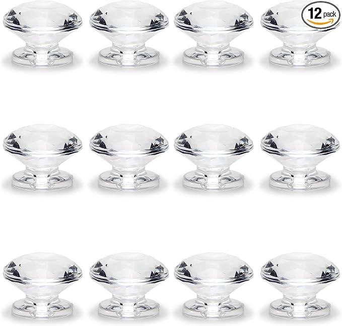 MroMax 12Pcs Tiny Pull Handle Diamond Acrylic Mini Knob 19mm Diameter Clear Shiny Diamond Shaped Knobs for Jewelry Box, Gift Case and Makeup Box