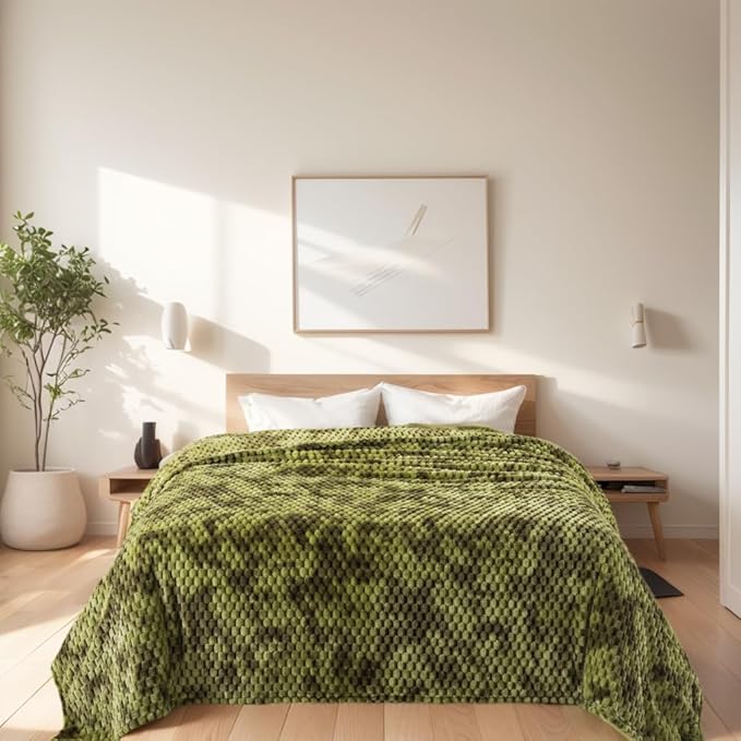 HOZY Queen Size Flannel Fleece Blanket, 90x90 Inches 3D Clouds Stylish Jacquard Velvet Plush Bed Blanket for Queen Full Bed, Tie-dye Olive Green