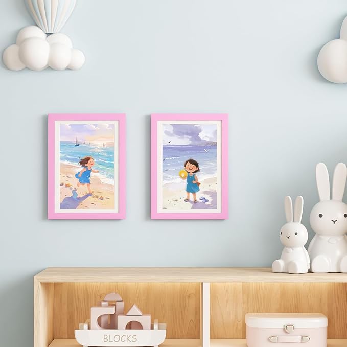 KINLINK A4 Kids Art Frames Set of 2, Solid Wood Kids Artwork Frames Changeable with Acrylic Front Opening Holds 150 Pictures, Art Frame for Kids Artwork with Mat or without Mat, Pink