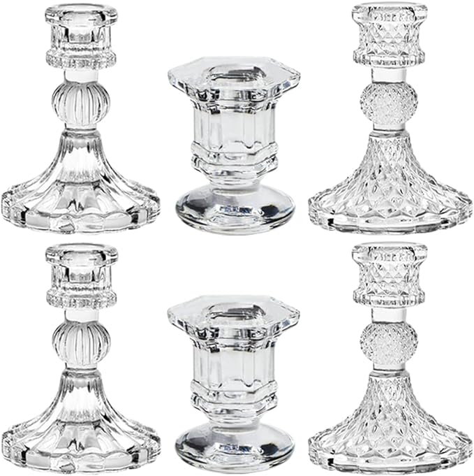 Glass Candlestick Holders Set of 6, Taper Candle Holder for Wedding Festival Christmas Party Valentine's Decor, Table Centerpieces
