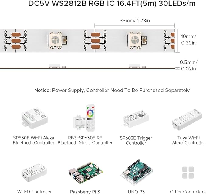 BTF-LIGHTING WS2812B RGB ECO LED Strip, Chasing Effects 5050SMD Individually Addressable 16.4FT 30Pixels/m 150Pixels Flexible Dream Color IP65 for Bedroom DIY Projects DC5V(No Adapter or Controller)