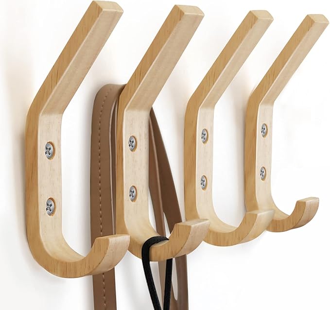 Wooden Coat Hooks Wall Hooks,Natural Oak Wood Hooks Decorative Vintage Wood Wall Hooks Organizer Heavy Duty Wall Mounted Hooks for Hanging Coats, Key, Cap, Cup (6 Pack)