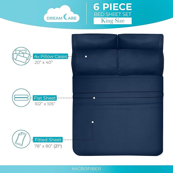 DREAMCARE California King Sheet Sets – 6 pcs Cooling Bed Sheets – up to 15” Deep Cal King Sheets – 2500 Supreme Collection – Extra Soft 100% Brushed Microfiber Hotel Luxury with Side Pocket – N Blue