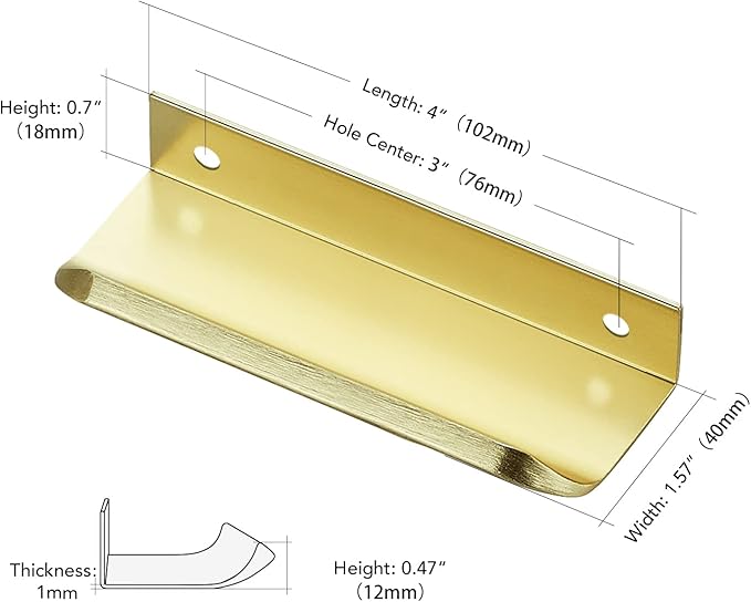 Ravinte Hardware 12 Pack Gold Cabinet Handles, 4 Inch (102mm) Finger Edge Pulls, 3 Inch Hole Center, Finger Pulls for Cabinets