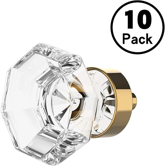 Alzassbg 10 Pack Clear Crystal with Gold Cabinet Knobs, 1-3/8 Inch(35mm) Cabinet Hardware Octagon Glass Crystal Knobs for Drawers AL1021