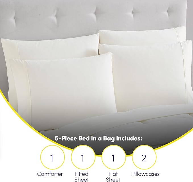 Sweet Home Collection 5 Piece Comforter Set Bag Solid Color All Season Soft Down Alternative Blanket & Luxurious Microfiber Bed Sheets, Ivory, Twin XL