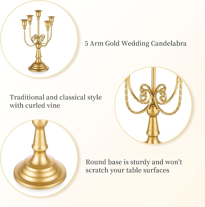 Romadedi Candelabra Gold Candle Holders - 5 Arm 11.8" Wedding Candlestick Holder for Theme Party Table Centerpiece Decor Dining Room Birthday Holiday Christmas, Set of 6