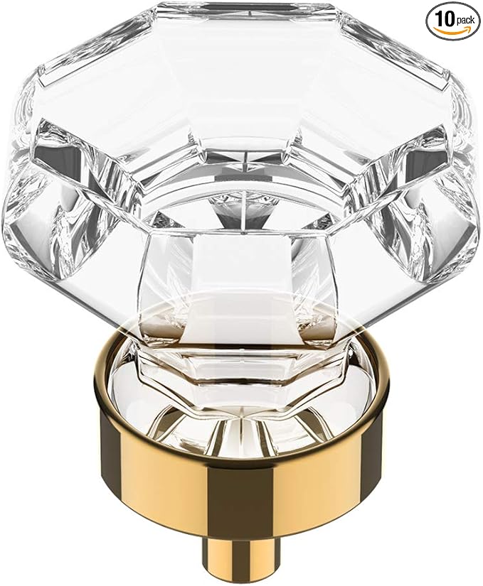Alzassbg 10 Pack Clear Crystal with Gold Cabinet Knobs, 1-3/8 Inch(35mm) Cabinet Hardware Octagon Glass Crystal Knobs for Drawers AL1021