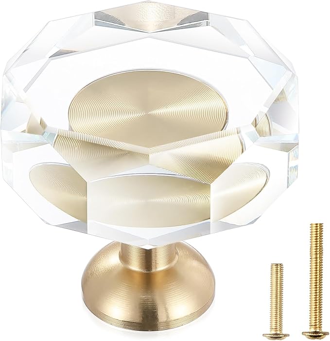 2-Pack 1-1/4-Inch White Cabinet Glass Crystal Patterned knob Brass Drawer Dresser Pulls, Gold Hardware Kitchen Closet knobs for Bifold Doors