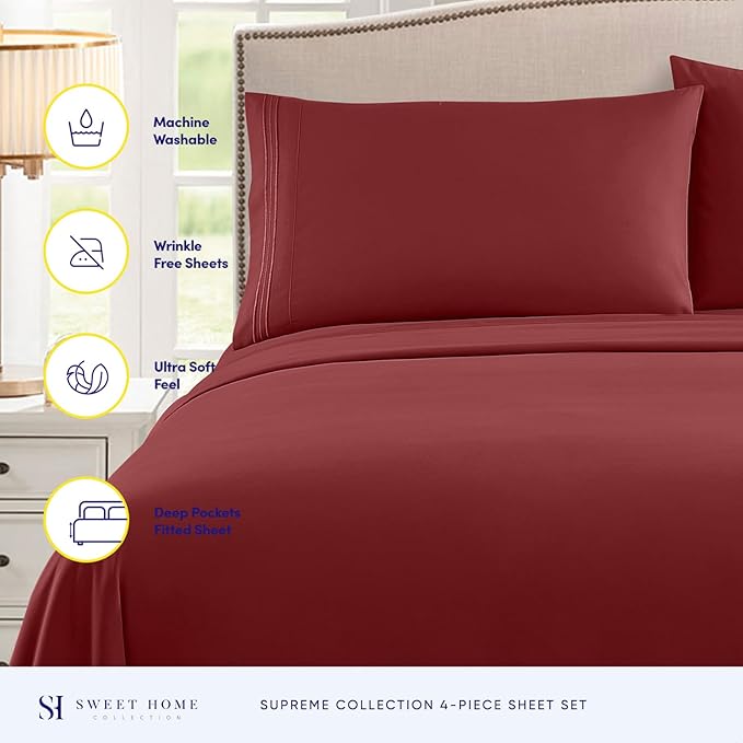 King Size Sheets - Breathable Luxury Bed Sheets with Full Elastic & Secure Corner Straps Built In - 1800 Supreme Collection Extra Soft Deep Pocket Bedding Set, Sheet Set, King, Burgundy