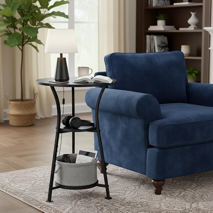 Dulcii Small Round End Table for Narrow and Small Space, 3-Tier Round Accent Couch Beside Table, Modern Side Table Corner Sofa Table Nightstand for Living Room Bedroom,Black