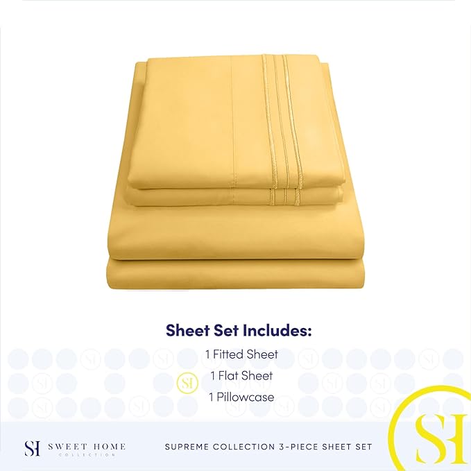 Twin XL Sheets - Breathable Luxury Sheets with Full Elastic & Secure Corner Straps Built In - 1800 Supreme Collection Extra Soft Deep Pocket Bedding Set, Sheet Set, Twin XL, Yellow