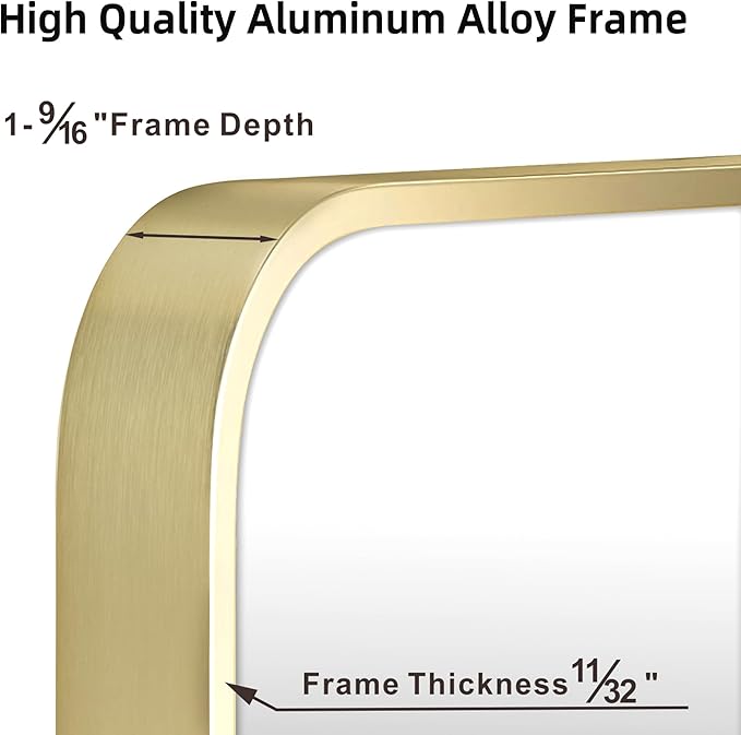 20"x30" Brushed Matte Gold Mirror for Wall, Gold Metal Framed Rounded Corner Rectangular Mirror for Bathroom Vanity,Entryway,Living Room,Bedroom,Vertical or Horizontal