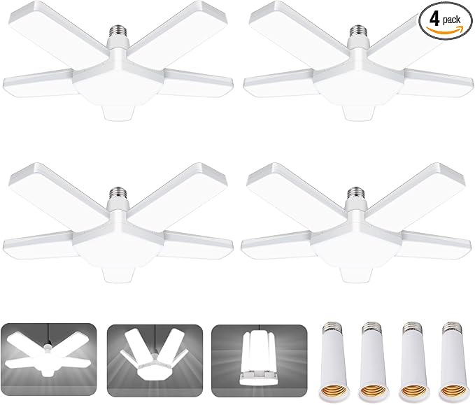 Led Garage Lights 4 Pack, Coomoors 80W LED Shop Light, 8000LM 6500K E26/E27 Garage Ceiling Light with 5 Adjustable Panels 80W-4 Pack