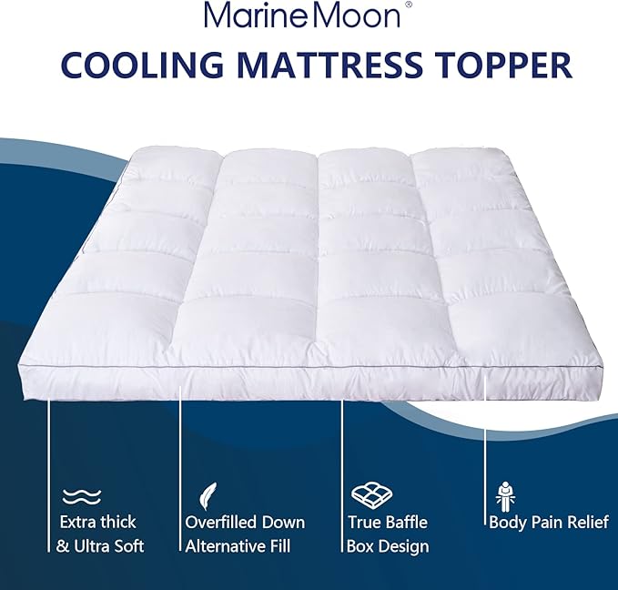 Marine Moon Extra Thick Cooling Plush Pillow Top Mattress Bed Topper, Fluffy Soft Mattress Pad, Hotel Quality Down Alternative Pillow Topper for Full Size Bed with Deep Pocket